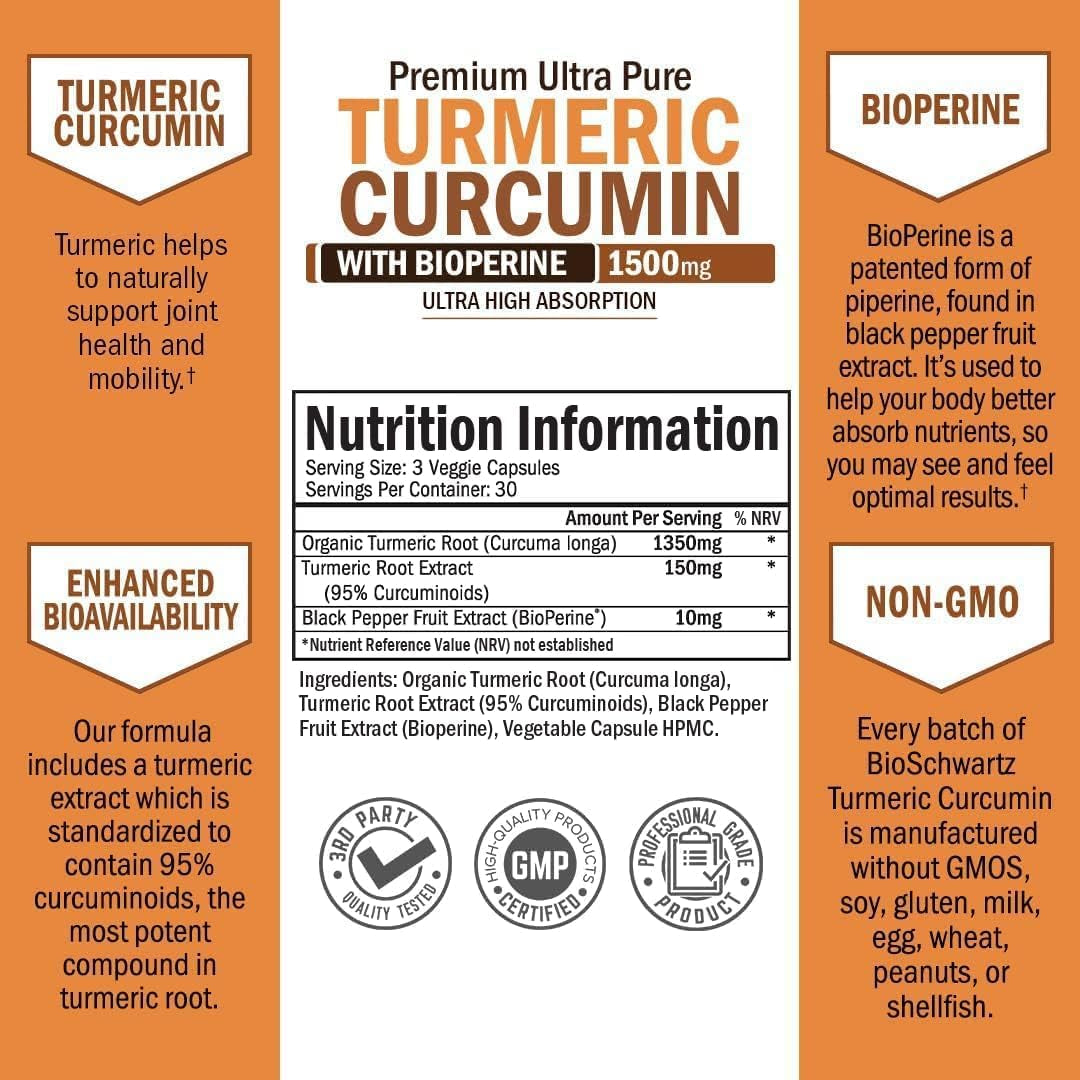 Turmeric Curcumin with Black Pepper Extract 1500Mg - High Absorption Ultra Potent Turmeric Supplement with 95% Curcuminoids and Bioperine - Non GMO Turmeric Capsules for Joint Support - 45 Capsules