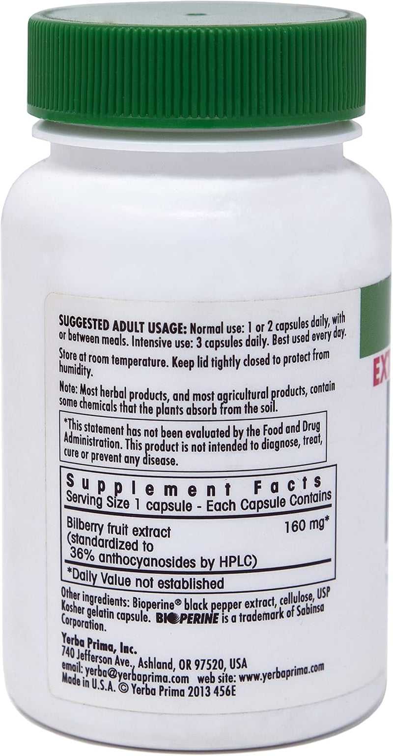 Yerba Prima Bilberry Extra Strength, 50 Caps - Maximum Absorption, Convenient One Pill a Day, USA Made, Promotes Eye Health, over 30 Years of Research, a Brand You Can Trust
