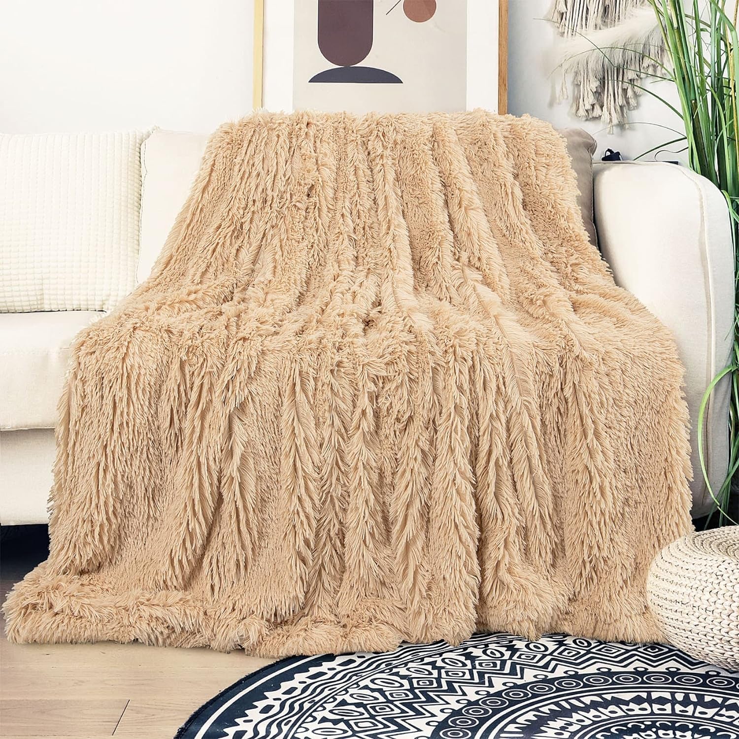 Tuddrom Decorative Extra Soft Faux Fur Throw Blanket 50"X60",Solid Reversible Fuzzy Lightweight Long Hair Shaggy Blanket,Fluffy Cozy Plush Fleece Comfy Microfiber Blanket for Couch Sofa Bed,Khaki