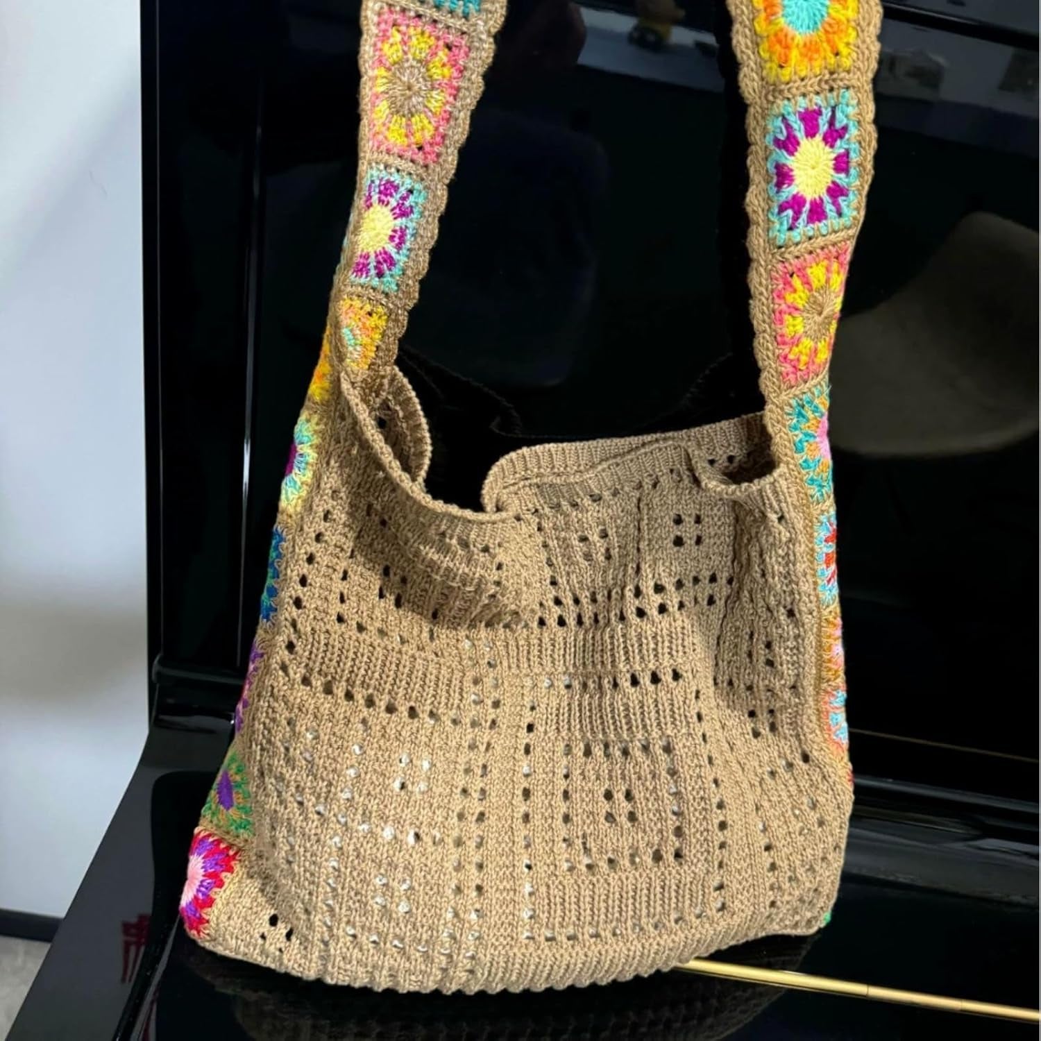 Women'S Boho Embroidery Crossbody Bag Hollow Out Crochet Knit Shoulder Bag Knited Bag Handbag Summer Beach Tote