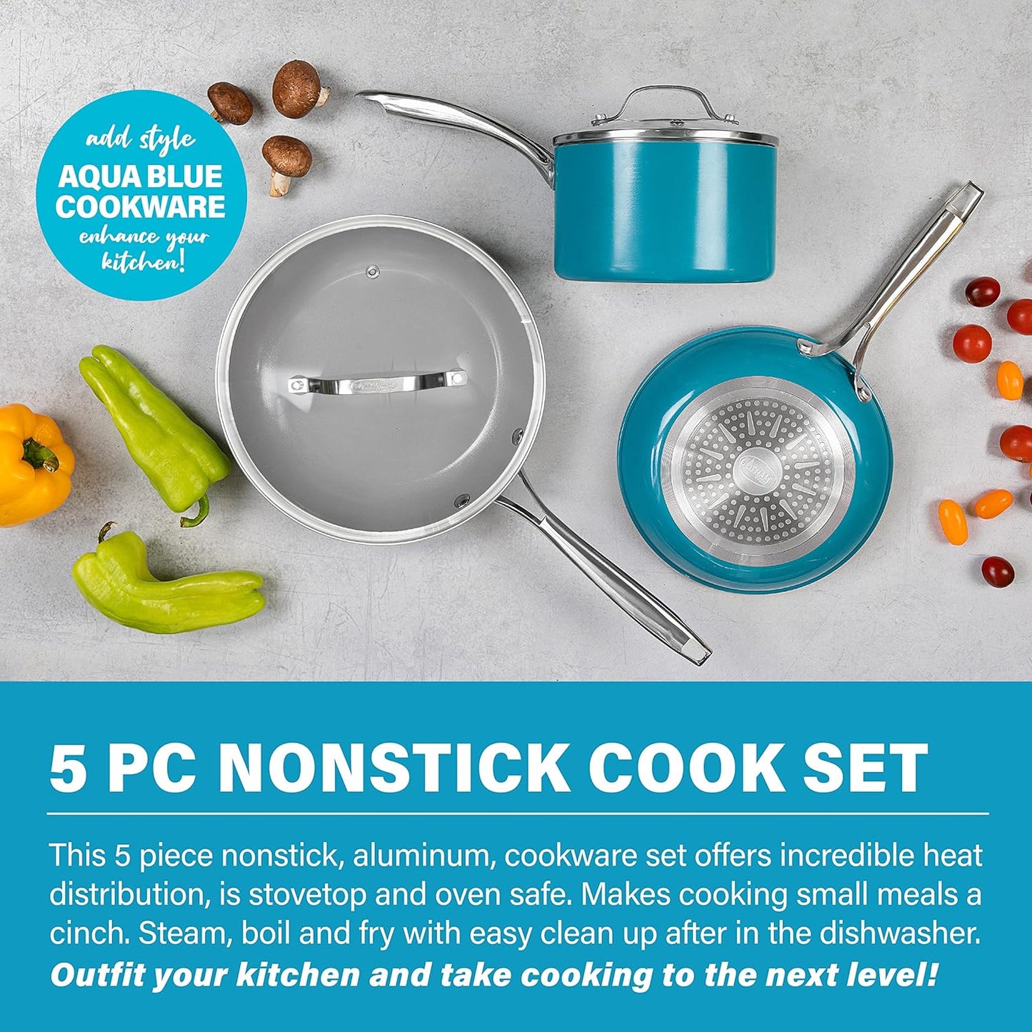 Gotham Steel Aqua Blue Nonstick Ceramic 5 Piece Cookware Set with Ceramic Coating, Stainless Steel Stay Cool Handles, Oven & Dishwasher Safe to 500° F100% PFOA Free