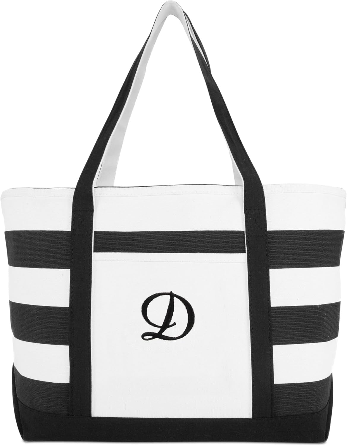 DALIX Striped Beach Bag Tote Bags Canvas Personalized Black Ballent Letter a - Z