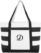 DALIX Striped Beach Bag Tote Bags Canvas Personalized Black Ballent Letter a - Z