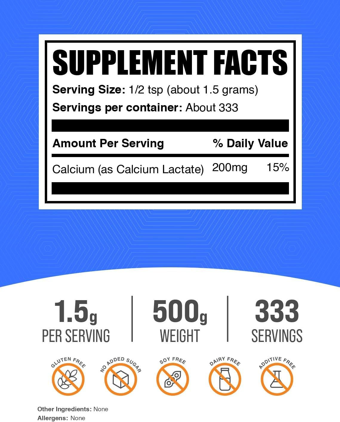 Bulksupplements.Com Calcium Lactate Powder - Calcium Supplement Powder, Food Grade - Pure & Gluten Free, 1.5G per Serving, 500G (1.1 Lbs) (Pack of 1)