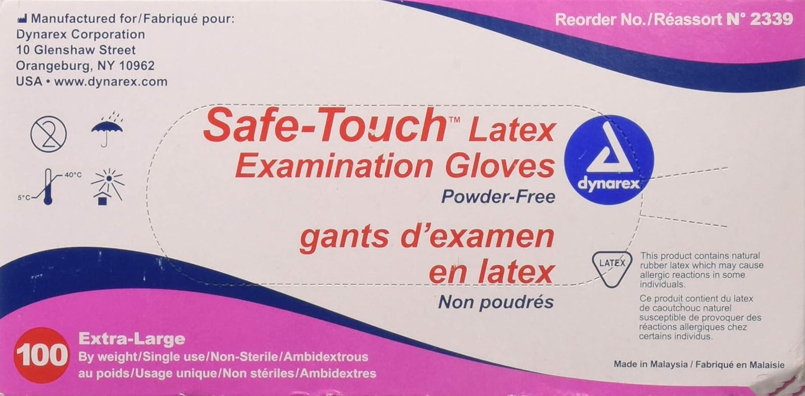 Dynarex Safetouch Powder Free Latex Exam Gloves, Non-Sterile, X-Large - 100/Box