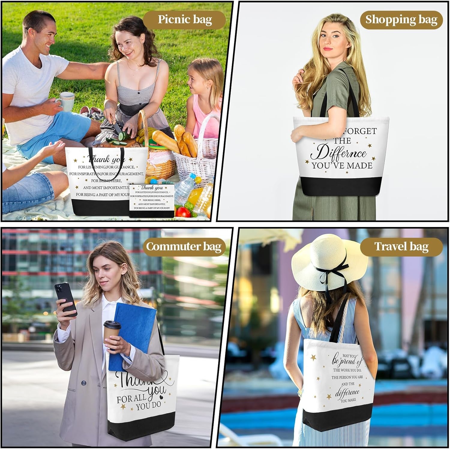24PCS Thank You Canvas Tote Bags with Handles Zipper Employee Inspirational Makeup Bags for Employee Appreciation Gifts Women Aesthetic Canvas Bag Inspired Gift for Team Staff Teacher Coworkers Office