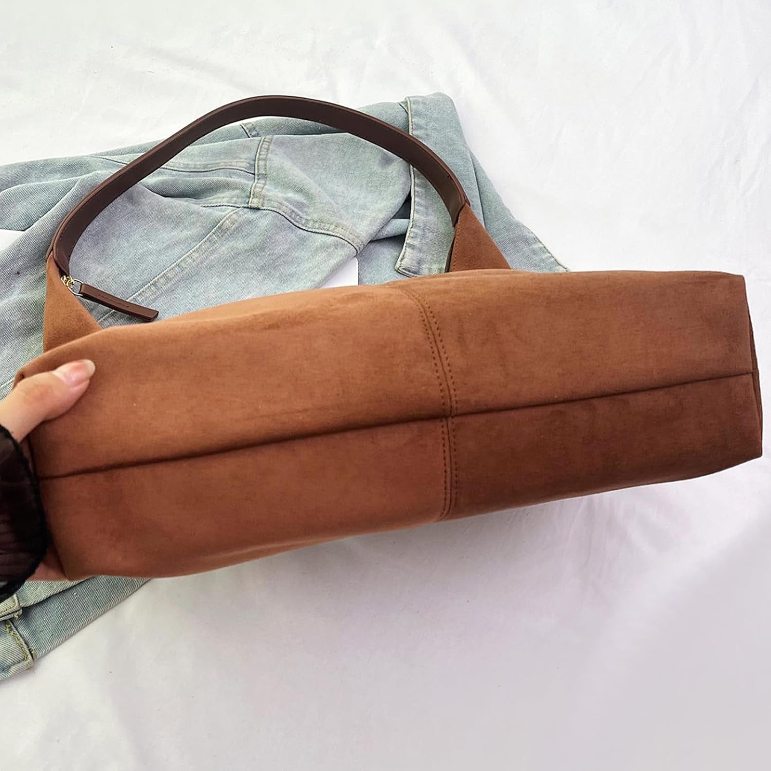 Suede Leather Hobo Bags for Women- Slouchy Tote Bag Brown Suede Fall Bag Hobo Shoulder Purse with Zipper