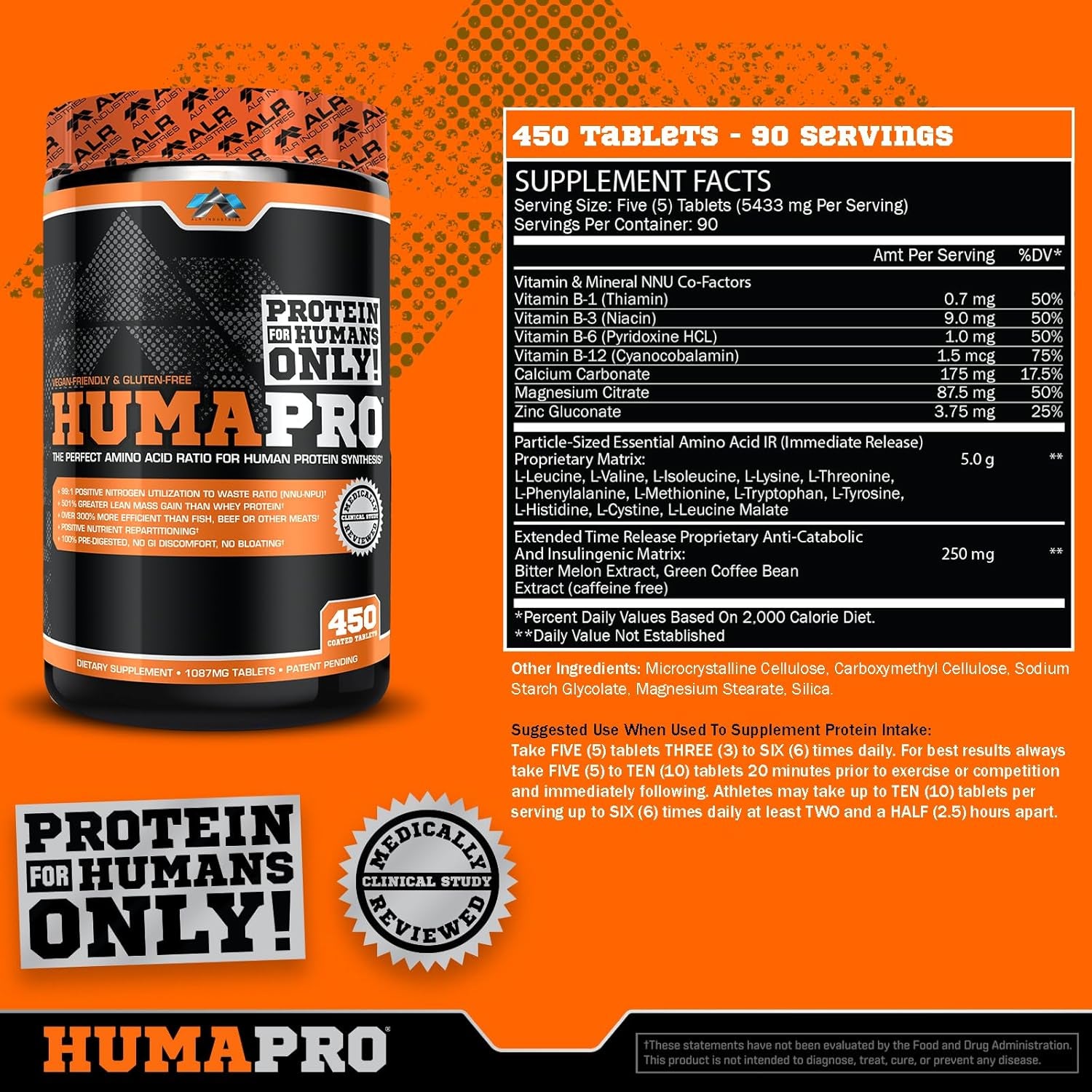 Humapro Tablets | Amino Acids Protein Matrix for Humans | 99% Utilization for Lean Muscle | Vegan, Gluten Free | 450 Tablets / 90 Servings