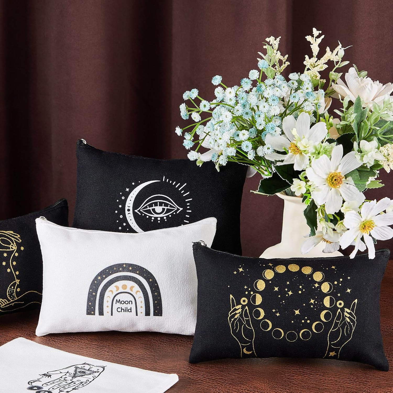 18 Pieces Moon Witch Zipper Pouch Bag Tarot Cards Phase Bag Witch Purse Gothic Aesthetic Canvas Makeup Bags Witchy Crystals Toiletry Bags Witchcraft Snake Cosmetic Bags for Women Girls