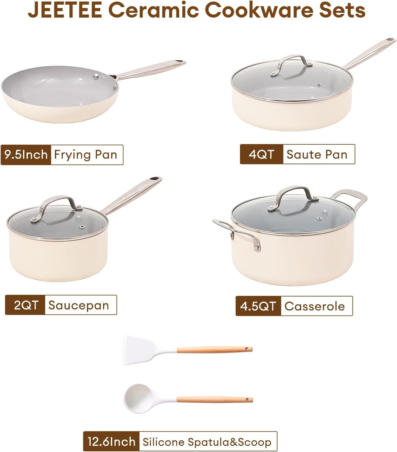 JEETEE Ceramic Cookware Set, White Pots and Pans Set Nonstick,7 PCS Kitchen Induction Sets, PTFE & PFOA Free, Oven Safe, Compatible with All Stoves- Cream