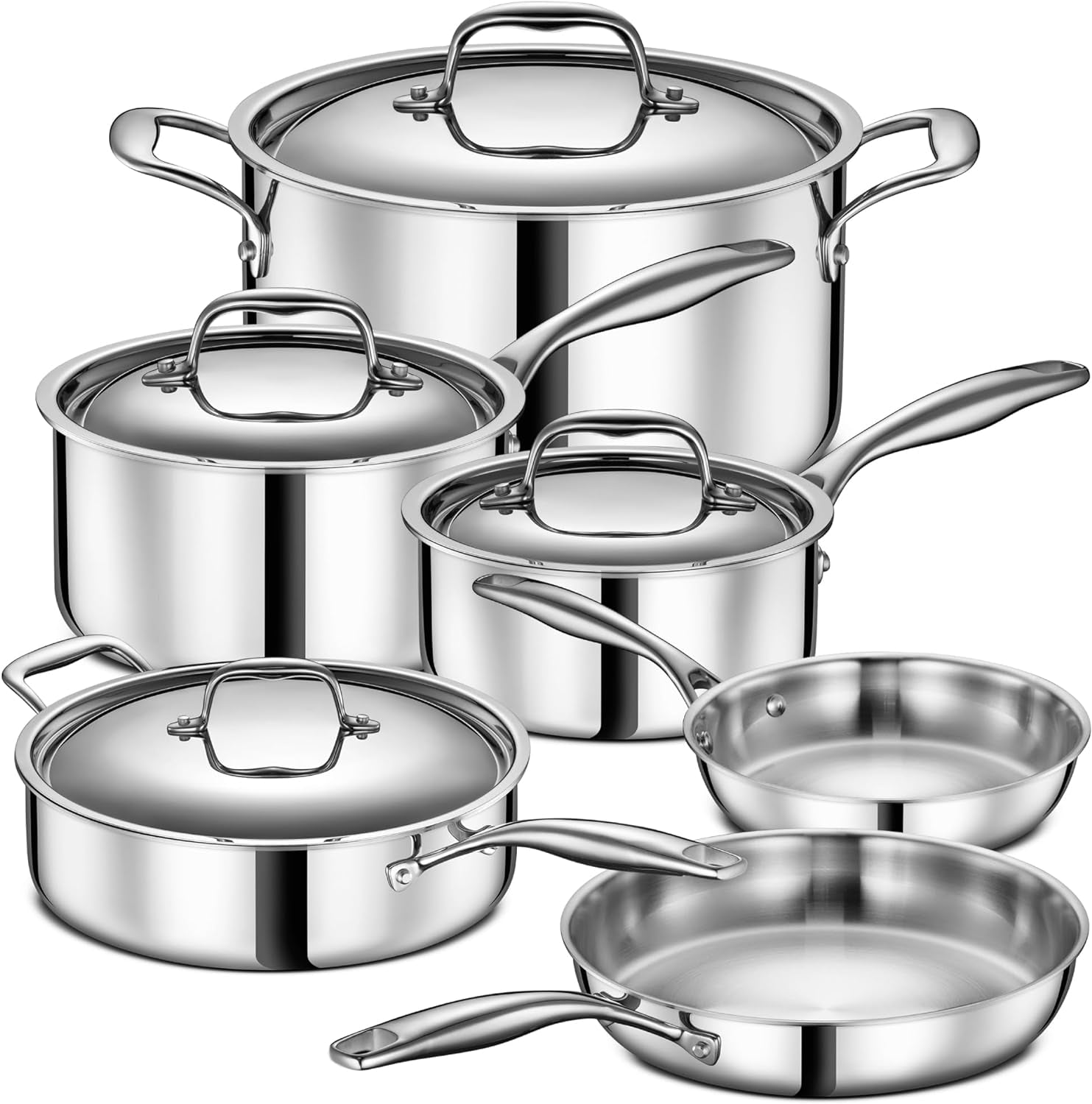 Legend 3 Ply 10 Pc Stainless Steel Pots & Pans Set | Professional Quality Cookware Clad for Home Cooking & Commercial Kitchen Surface Induction & Oven Safe | Non-Teflon PFOA, PTFE & PFOS Free