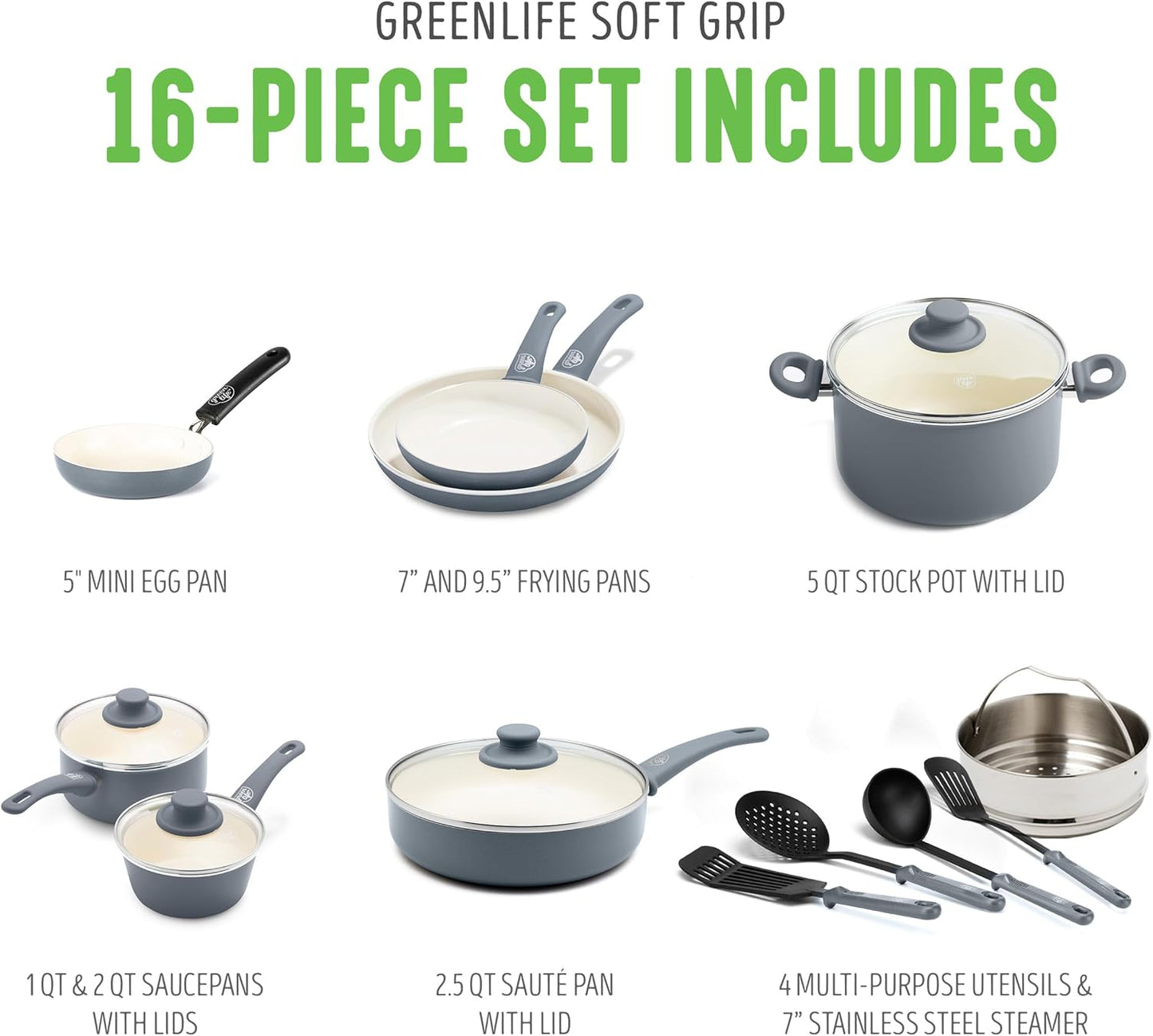 Greenlife Soft Grip Healthy Ceramic Nonstick 16 Piece Kitchen Cookware Pots and Frying Sauce Saute Pans Set, Pfas-Free with Kitchen Utensils and Lid, Dishwasher Safe, Gray