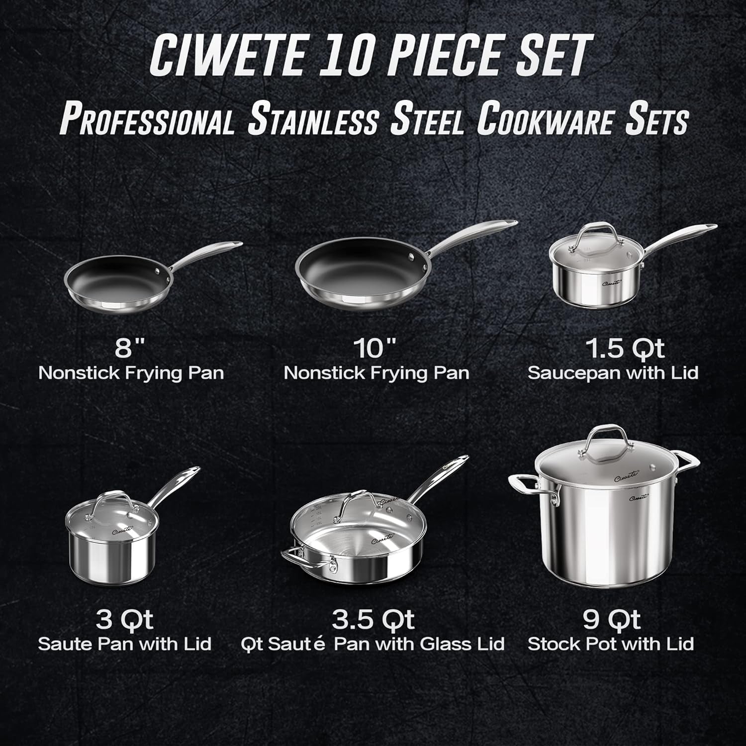 Stainless Steel Pots and Pans Set 10 Piece, Kitchen Cookware Set with Nonstick Frying Pans and Glass Lids, Induction Cookware Set, Including 2 Saucepans, Sauté Pan, 2 Frying Pans, Stock Pot