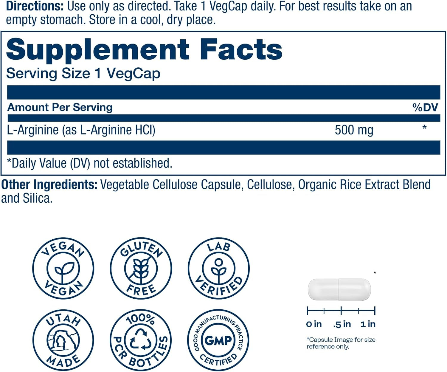 SOLARAY L-Arginine 500 Mg, Nitric Oxide Supplement, Endurance, Energy, Heart Health Support, 100 Servings, 100 Vegcaps