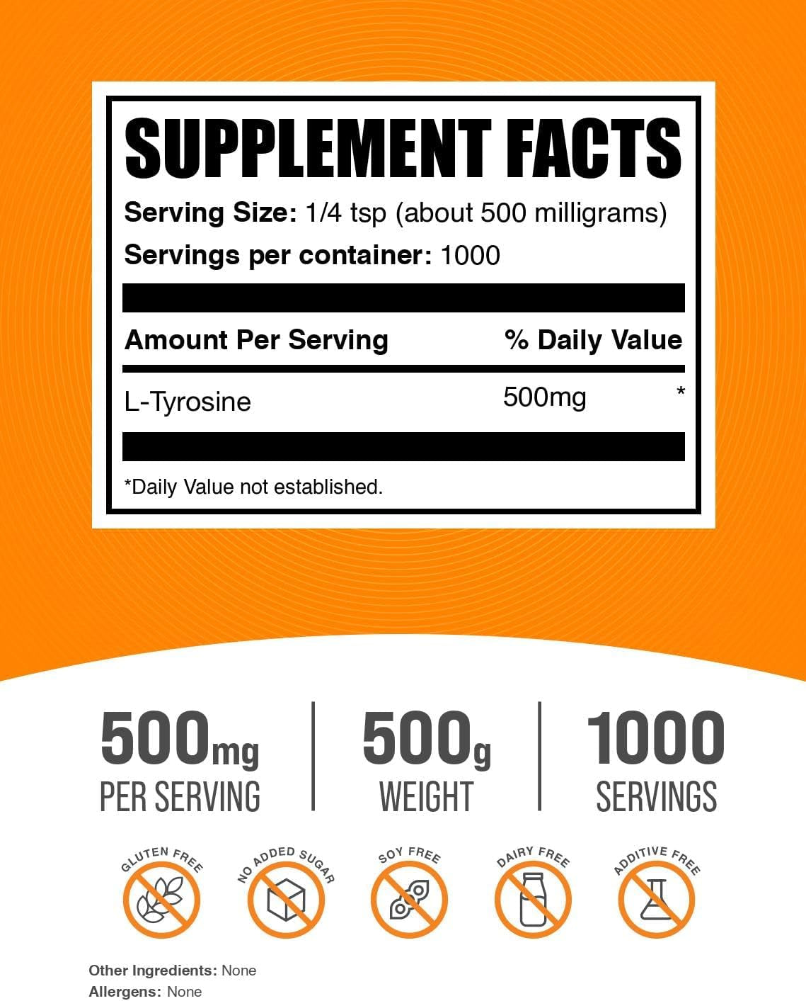 Bulksupplements.Com L-Tyrosine Powder - Sports Nutrition, Amino Acid Supplement - Unflavored & Gluten Free, 500Mg per Serving, 500G (1.1 Lbs) (Pack of 1)