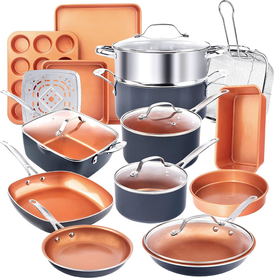 Gotham Steel 20 Pc Pots and Pans Set, Bakeware Set, Ceramic Cookware Set for Kitchen, Long Lasting Non Stick Pots and Pans Set with Lids Dishwasher / Oven Safe, Non Toxic-Copper