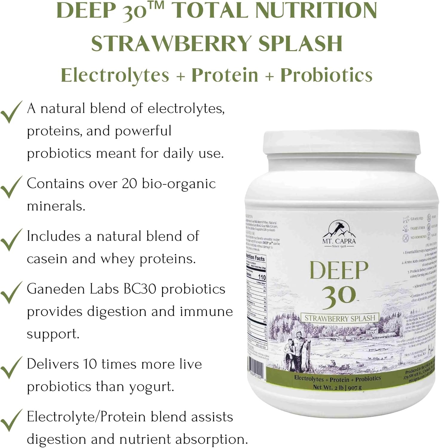 Mt. Capra Deep 30 | Meal Replacement Shake, Goat Protein Powder with Grass-Fed Whey Protein, Casein Protein, Minerals, and BC-30 Probiotics | Strawberry Splash | 30 Servings - 2 Pounds