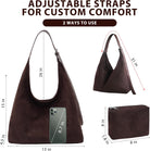 2PCS Brown Suede Bags for Women - Trendy Adjustable Strap Hobo Tote Shoulder Handbag, Fall Winter Faux Suede Purse with Pouch