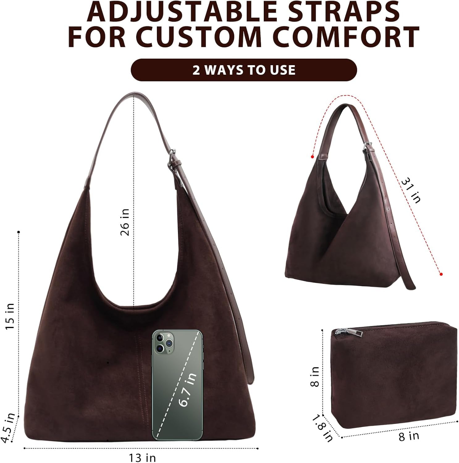 2PCS Brown Suede Bags for Women - Trendy Adjustable Strap Hobo Tote Shoulder Handbag, Fall Winter Faux Suede Purse with Pouch