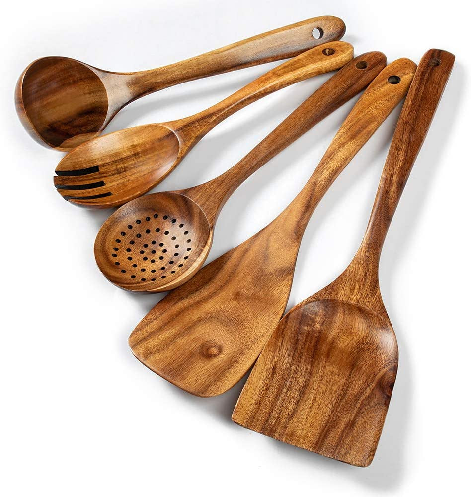 Wooden Kitchen Utensils Set, 2 Pcs Natural Acacia Wooden Cooking Spurtle Set for Non-Stick Pan Kitchen Tool Cooking Ladle and Wok Spatulas, Wooden Spoons for Cooking