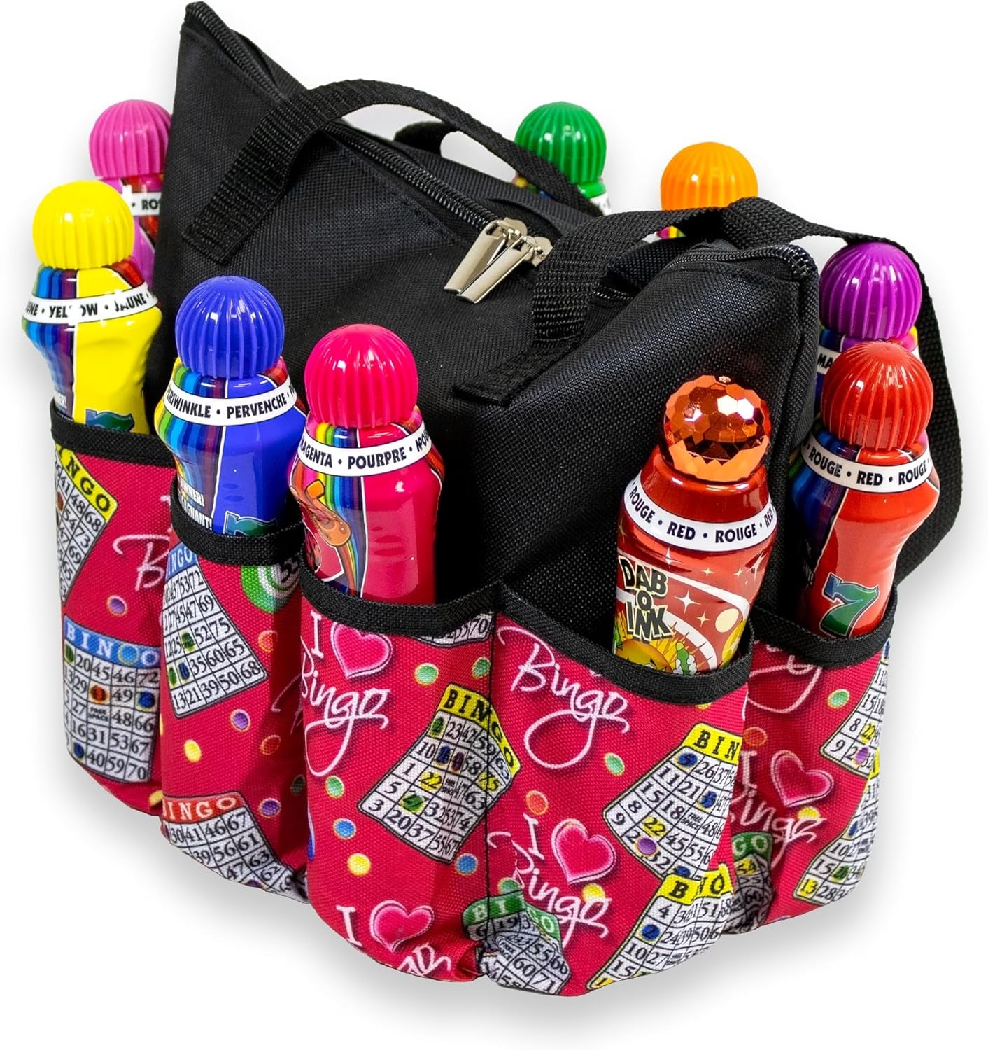 I Love Bingo Pink Tote Bag with 10 Pockets for Daubers, Markers & Accessories – Durable Bingo Bag with Zipper, Portable Bingo Gift for Women, Seniors & Players