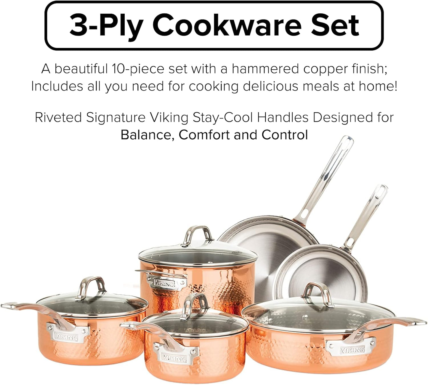 Viking 10-Piece 3-Ply Hammered Copper-Clad Cookware Set, Oven Safe, All Cooktops