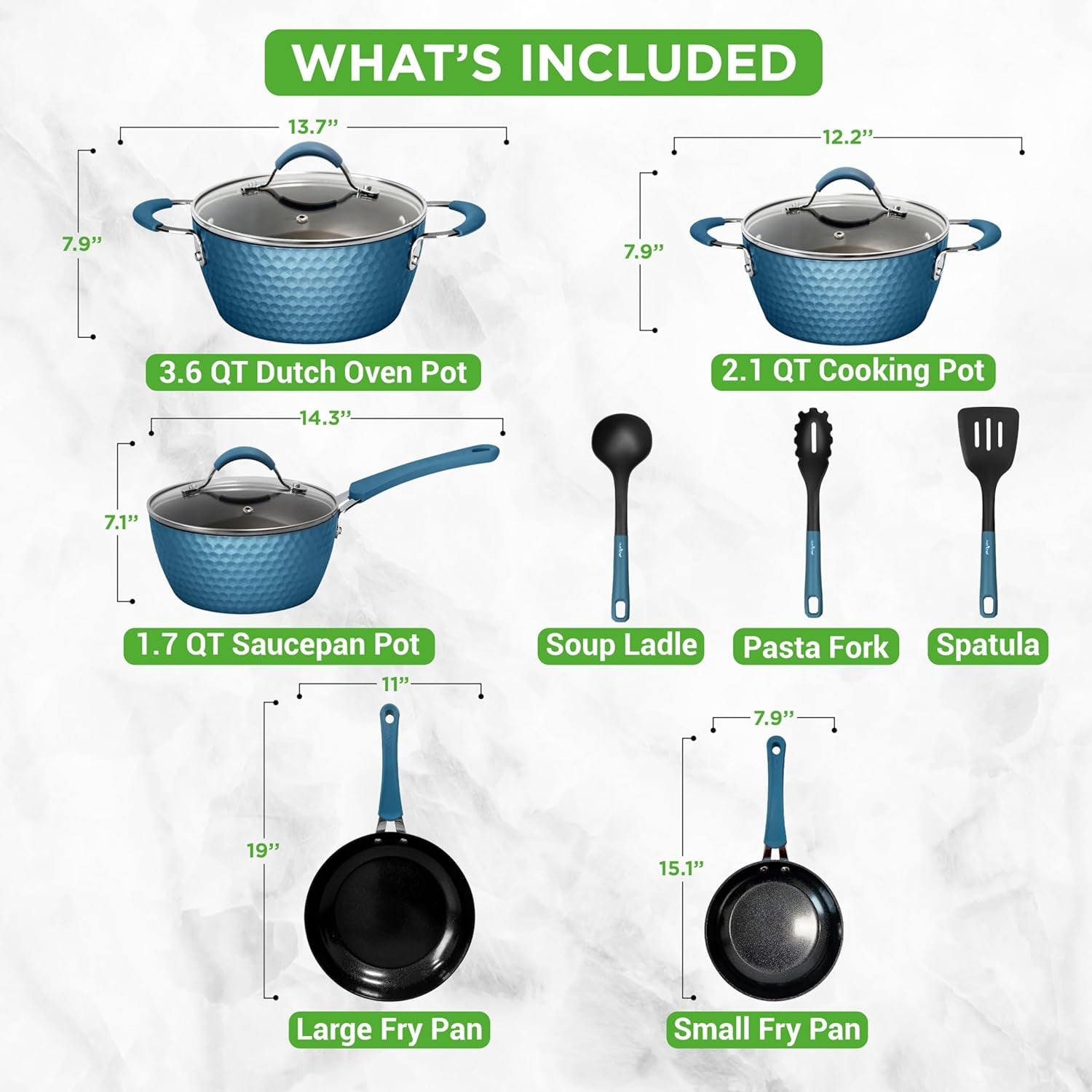 Nutrichef 11 Pc Pots and Pans Set Non Stick Cookware with Ceramic Coating, Ergonomic Handles, Induction Ready, Includes Saucepan, Dutch Oven, Large & Small Fry Pans, Royal Blue