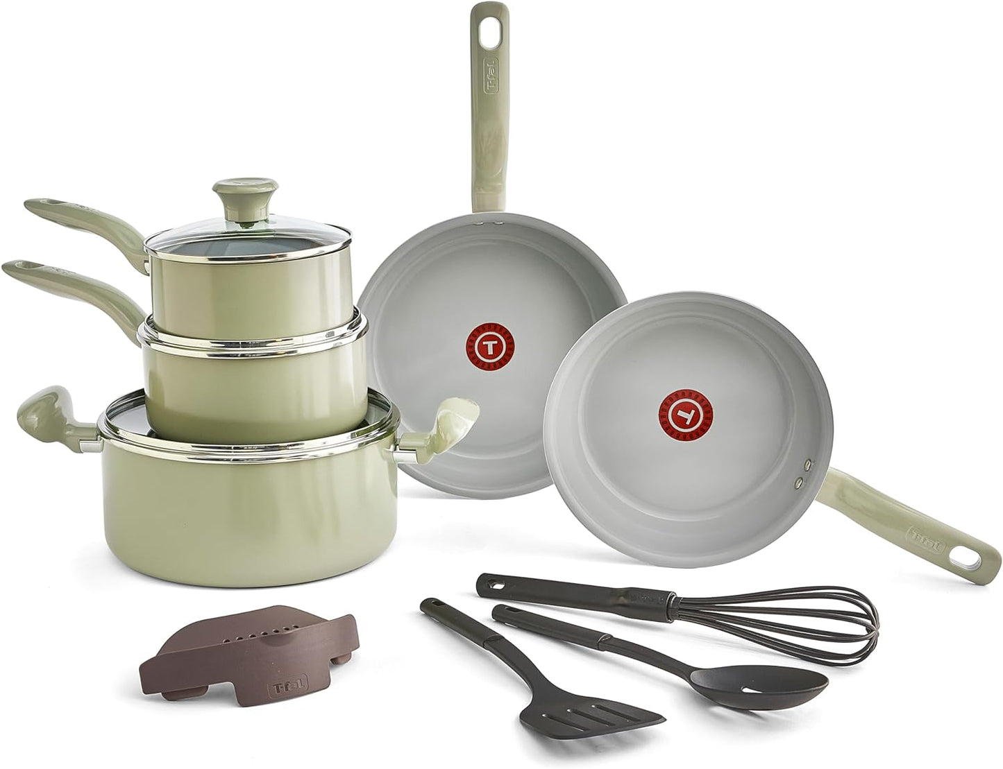 T-Fal Recycled Ceramic Nonstick Cookware Set 12 Piece, Oven Safe 350F, Pots and Pans, Fry Pan, Kitchen Tools, Green