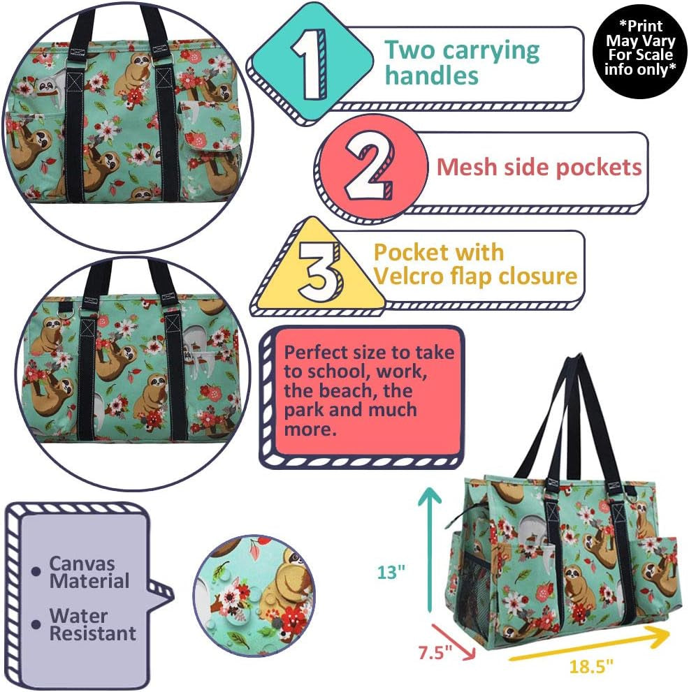 NGIL Zip-Top Organizing Utility Tote Bag with Exterior Pockets for Working Women, Teachers, Nurses, and Moms, Design in USA (Fox Life-Navy)