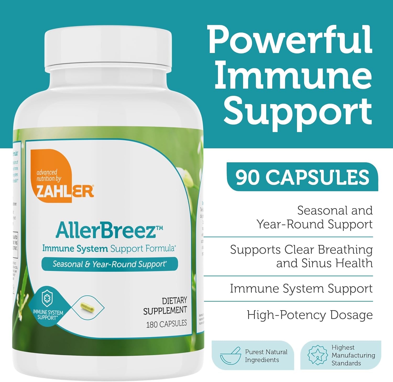 Zahler Allerbreez Immune System Support Formula with Vitamin C, Quercetin, Vitamin B5, MSM & Stinging Nettle - Seasonal & Year-Round Immune Support Supplement, Dhist Allergy Supplement (180 Capsules)