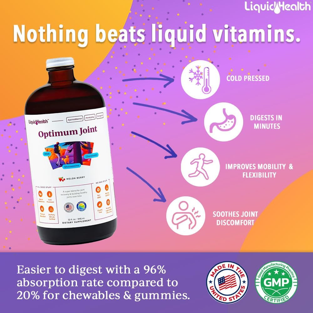 LIQUIDHEALTH Optimum Joint Support Supplement with Glucosamine, Chondroitin, MSM, Hyaluronic Acid - Triple Strength Liquid Vitamins, Gluten-Free, Dairy-Free, Soy-Free Joint Juice, Made in USA (32 Oz)