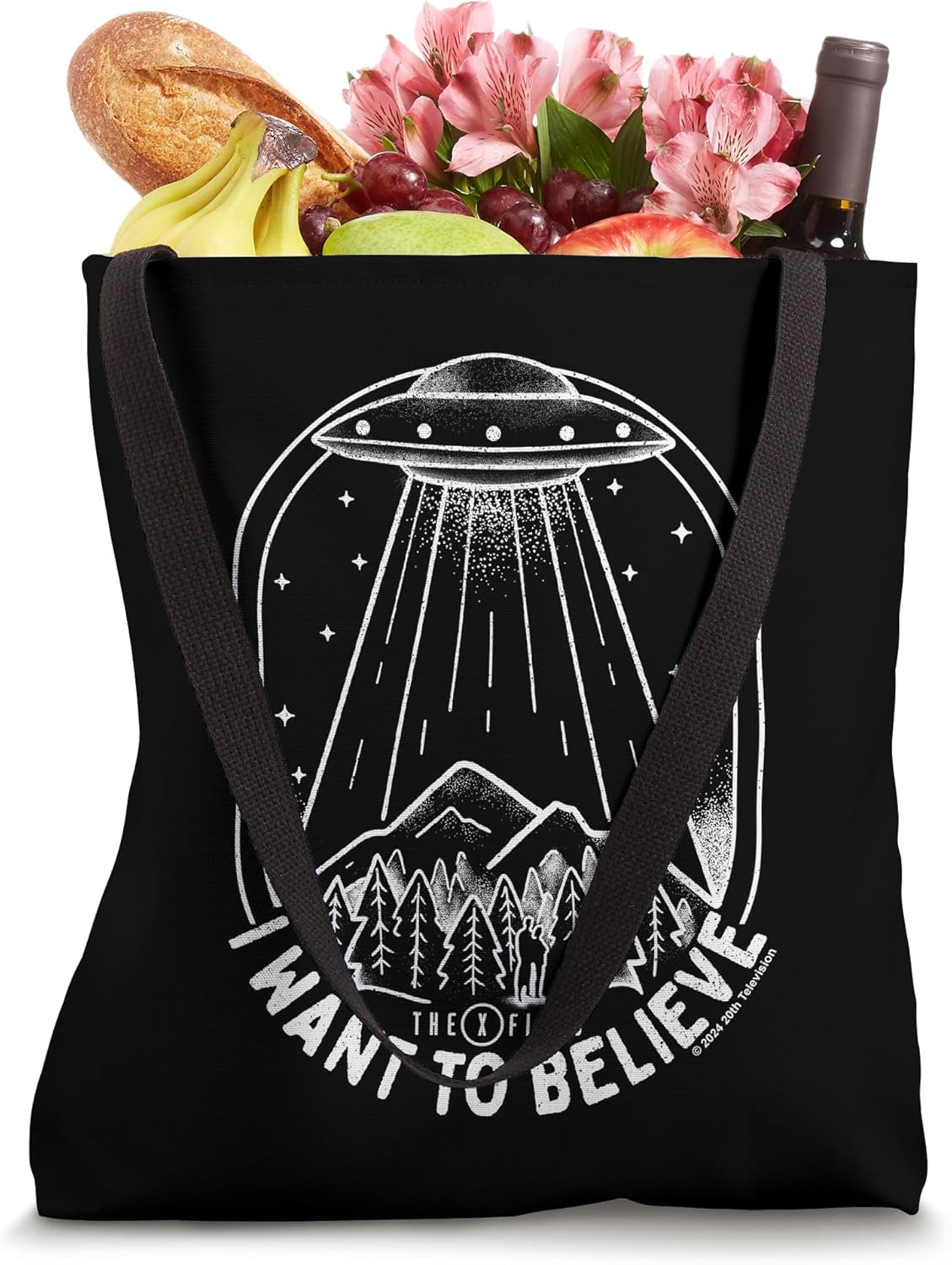 X-Files I Want to Believe UFO over the Woods Line Art Tote Bag