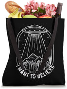 X-Files I Want to Believe UFO over the Woods Line Art Tote Bag