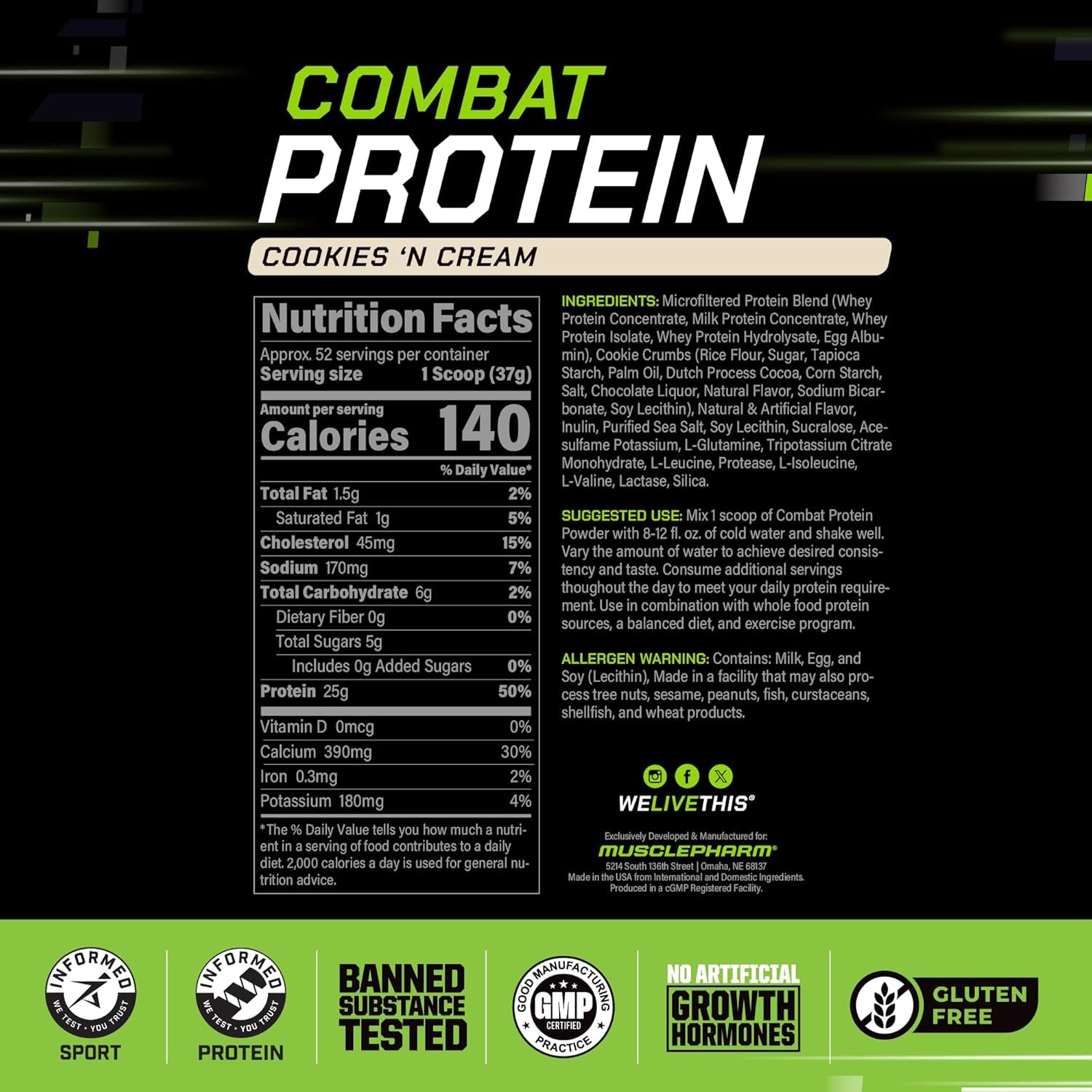 Musclepharm Combat Protein Powder, Cookies ‘N’ Cream Flavor, Fuels Muscles for Productive Workouts, 5 Protein Sources Including Whey Protein Isolate & Egg Albumin, Gluten Free, 4 Lb, 52 Servings