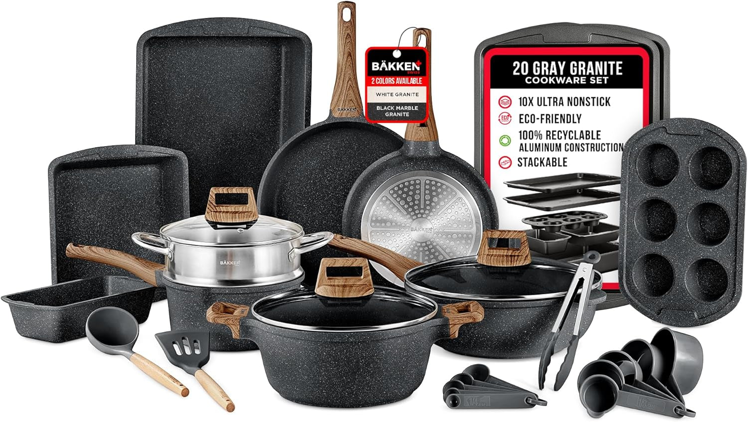 Bakken-Swiss 20-Piece Kitchen Cookware Set – Granite Non-Stick – Eco-Friendly – for All Stoves & Oven-Safe - Marble Coating