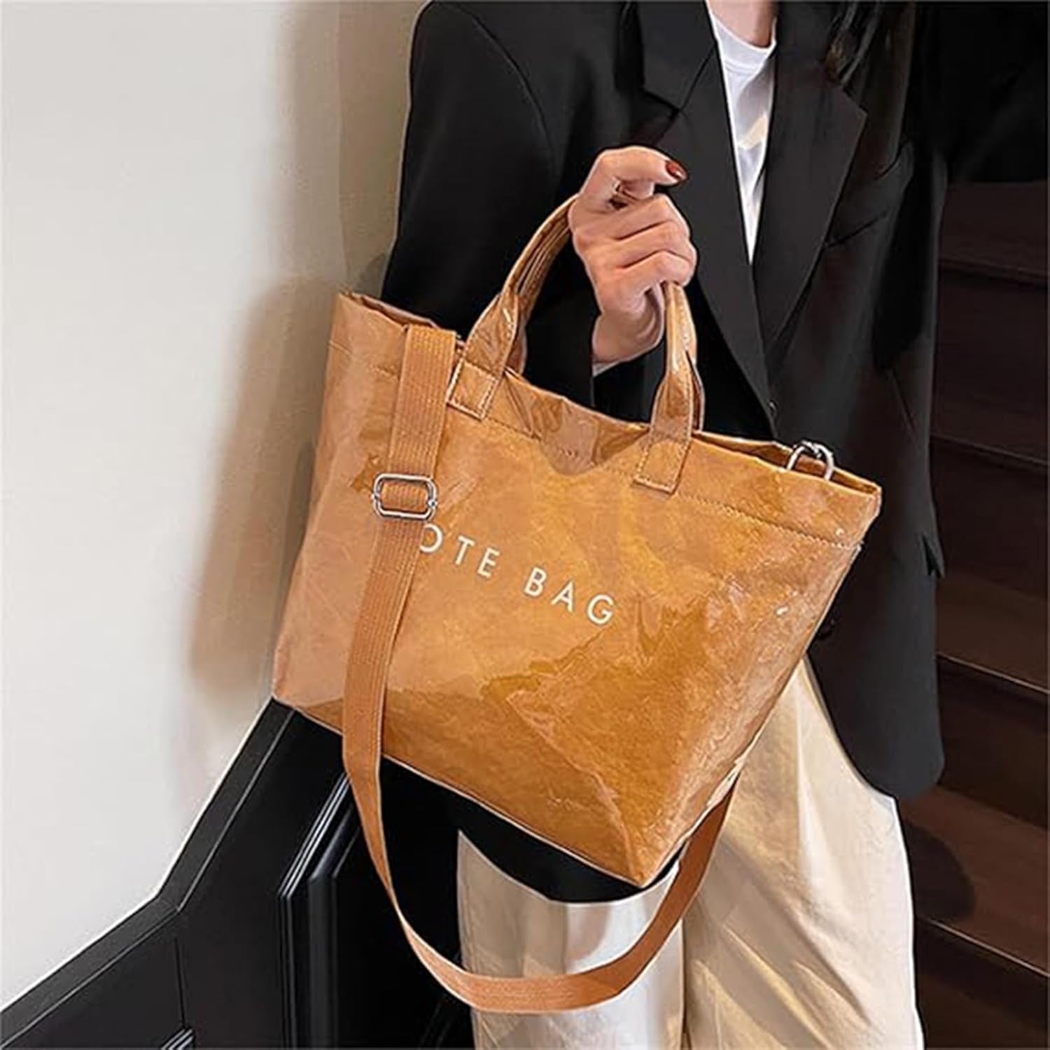 Stellaya Womens Letters Print Tote Bag, PVC Waterproof Kraft Paper Handbags, with Shoulder Strap