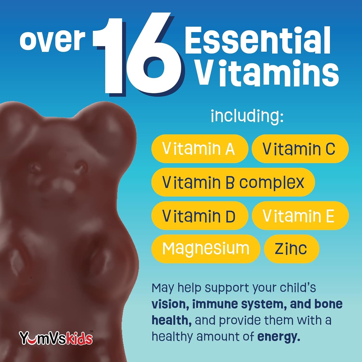 YUM-V'S - Kids Multivitamin Chewable Chocolate Bears - Multivitamin for Kids Supplement - 16 Vitamins & Minerals - Vitamins Including D, Zinc, C, B Complex & More, 60 Count Pack of 1