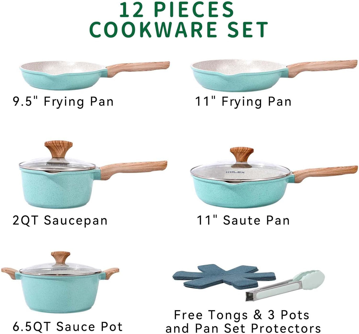 KOLEX Nonstick Cookware Sets,12-Piece Kitchenware Pots and Pans Set Granite Coating,Includes Frying Pans,Deep Frying Pans,Stockpots and Cooking Tools,Suitable for All Stove,100% PFOA Free,Turquoise.