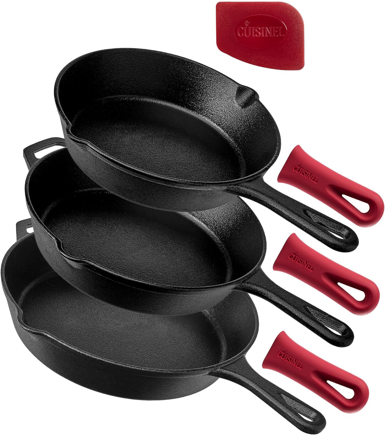 Cuisinel Cast Iron Skillet Set - 8" + 10" + 12"-Inch Pre-Seasoned Frying Pans + Silicone Handle Grip Covers - Use Indoor/Outdoor, Oven, Grill, Stove, BBQ, Fire, Induction - Kitchen/Camping Cookware