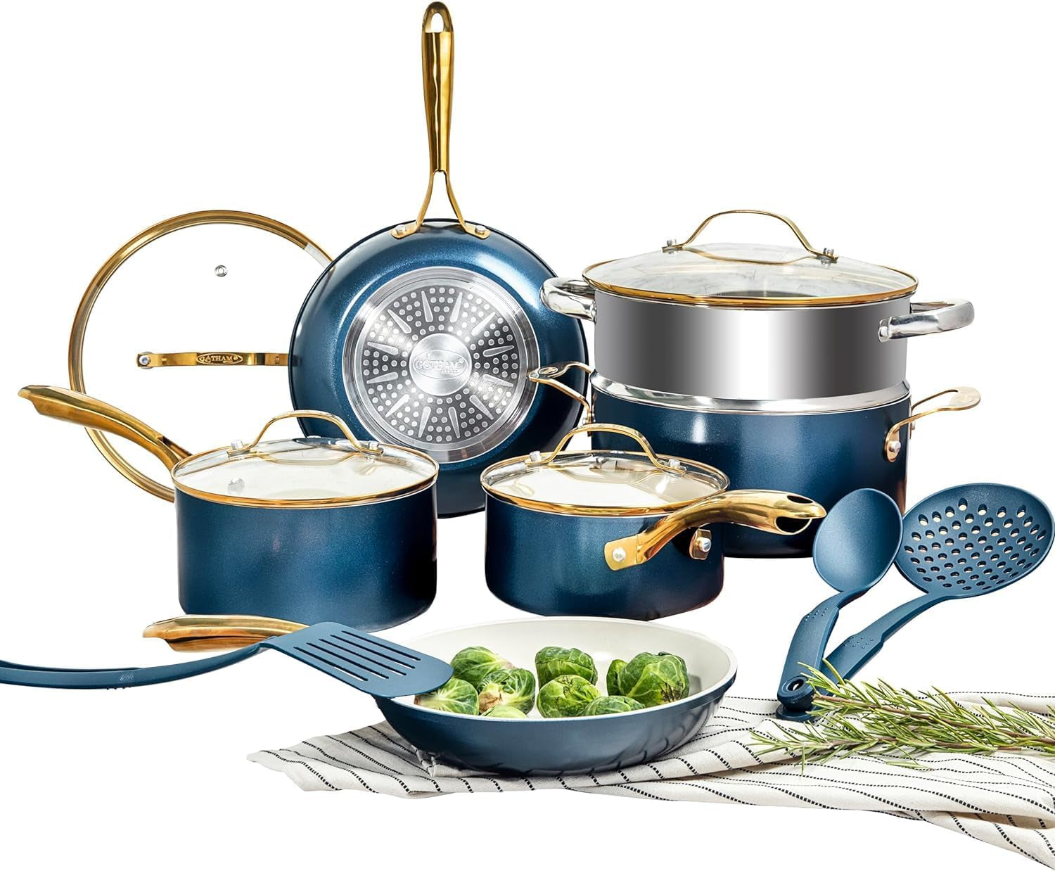 GOTHAM STEEL 15 Pc Ceramic Pots and Pans Set Non Stick, Kitchen Cookware Sets, Pot and Pan Set, Ceramic Cookware Set, Non Toxic Cookware Set, Non Stick Pots and Pan Set, Dishwasher Safe - Navy