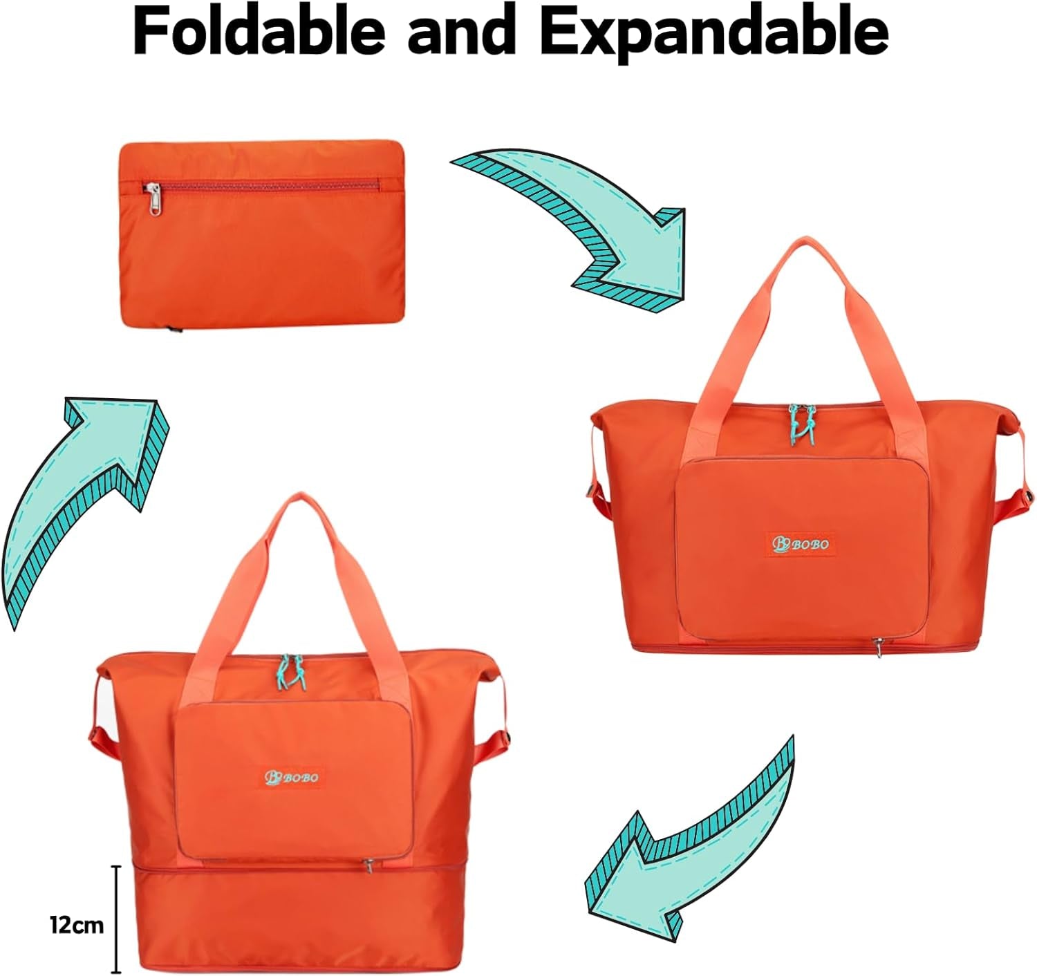 Expandable Travel Duffle Bag for Women Men, Lightweight Foldable Travel Tote Bags Gym Bag, Large Waterproof Carry on Weekender Overnight Bag with Wet Pocket for Workout, Fitness, Shopping Orange