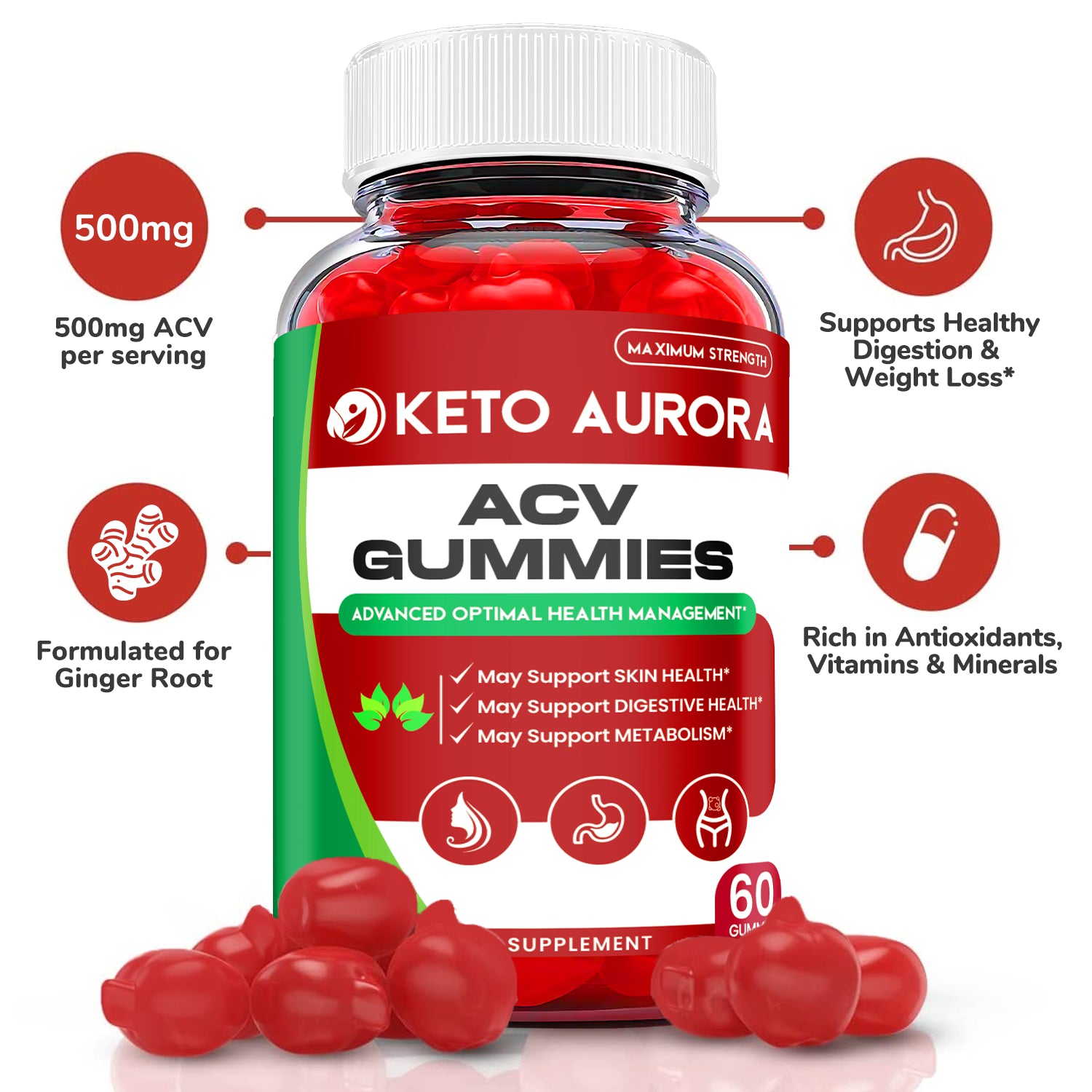 (1 Pack) Keto Aurora Gummies - Keto Aurora ACV Keto Gummies, Weight Loss-60 Gums