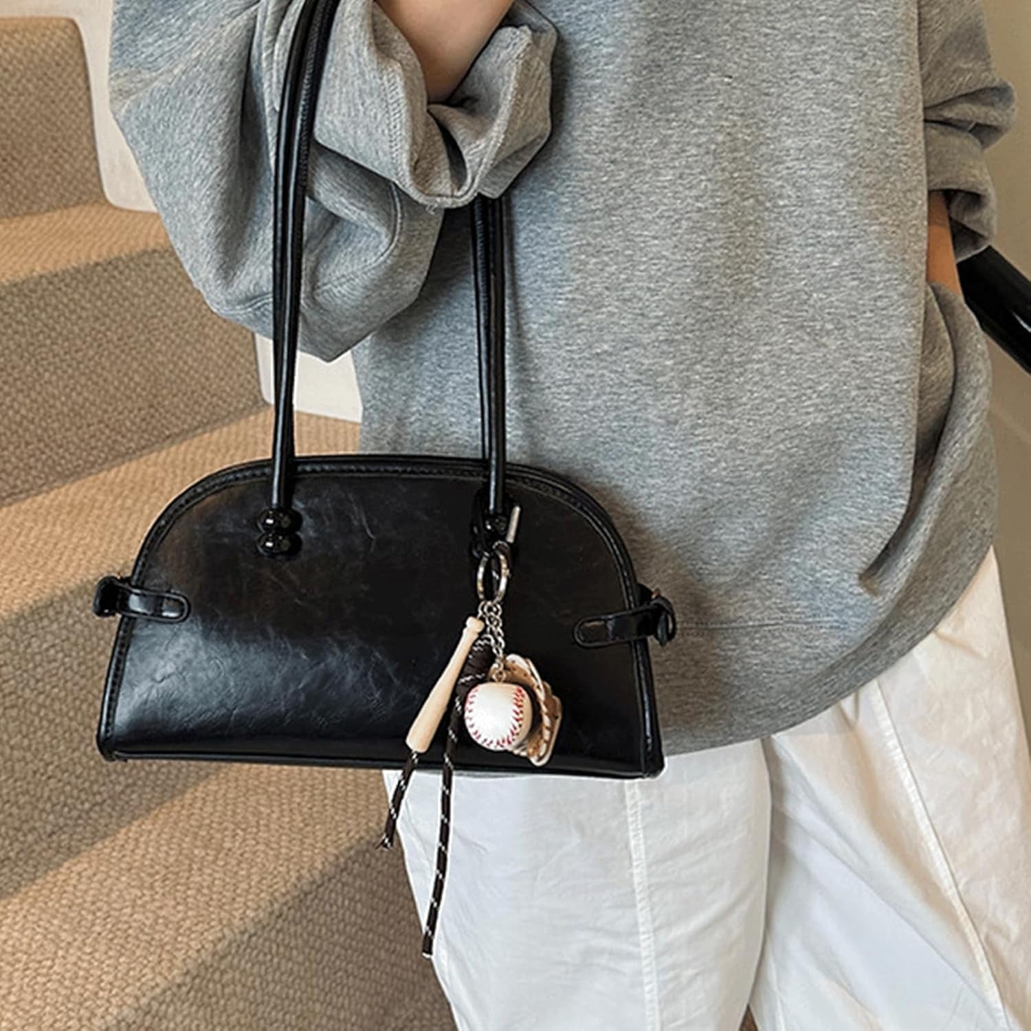 Bowling Bag Purse Retro PU Leather Bowler Bags with Charm Shoulder Handbag Vintage Elegant Purses for Women Girls