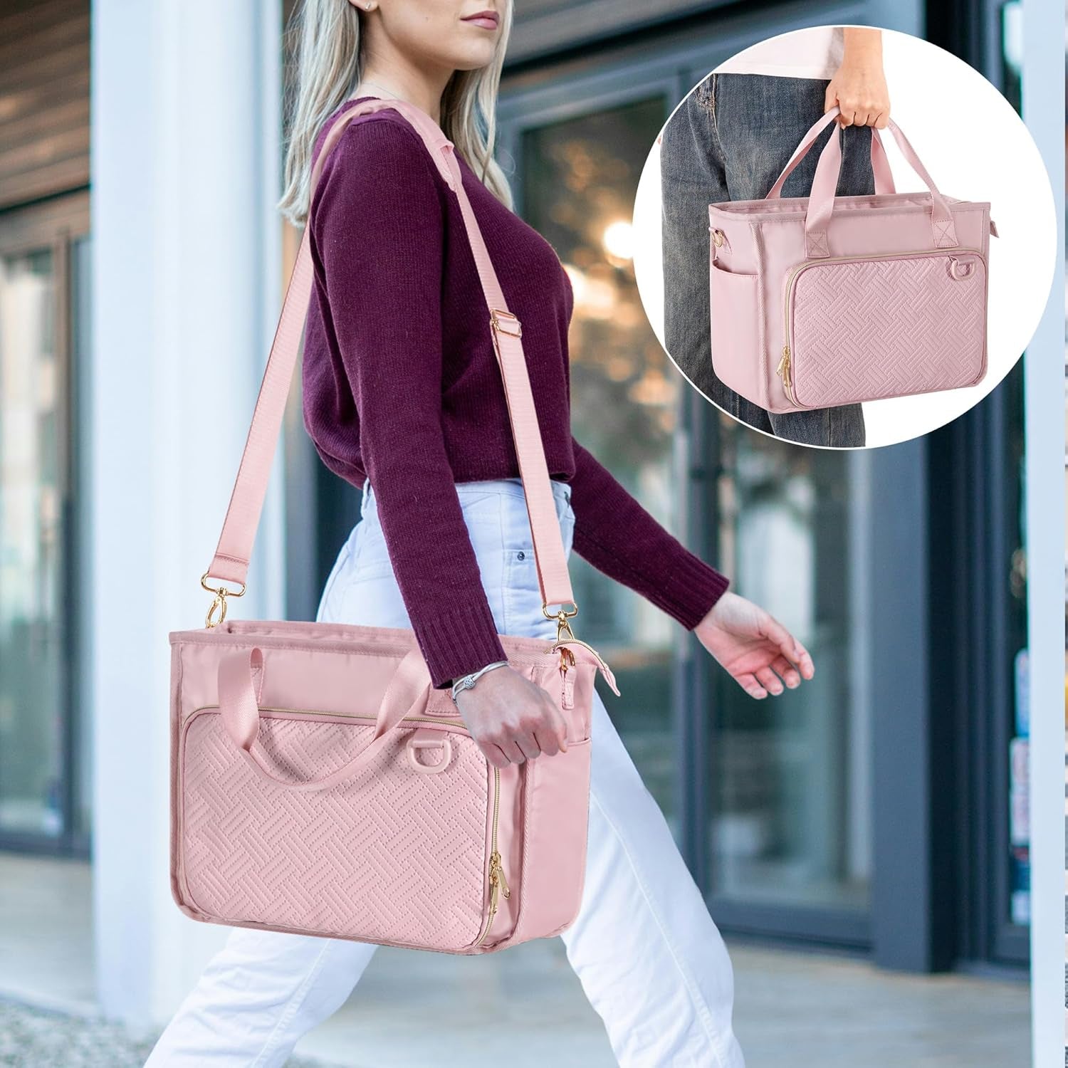 Teacher Tote Bag for Women, Work Tote Bag with Pocket for College and Office, Pink