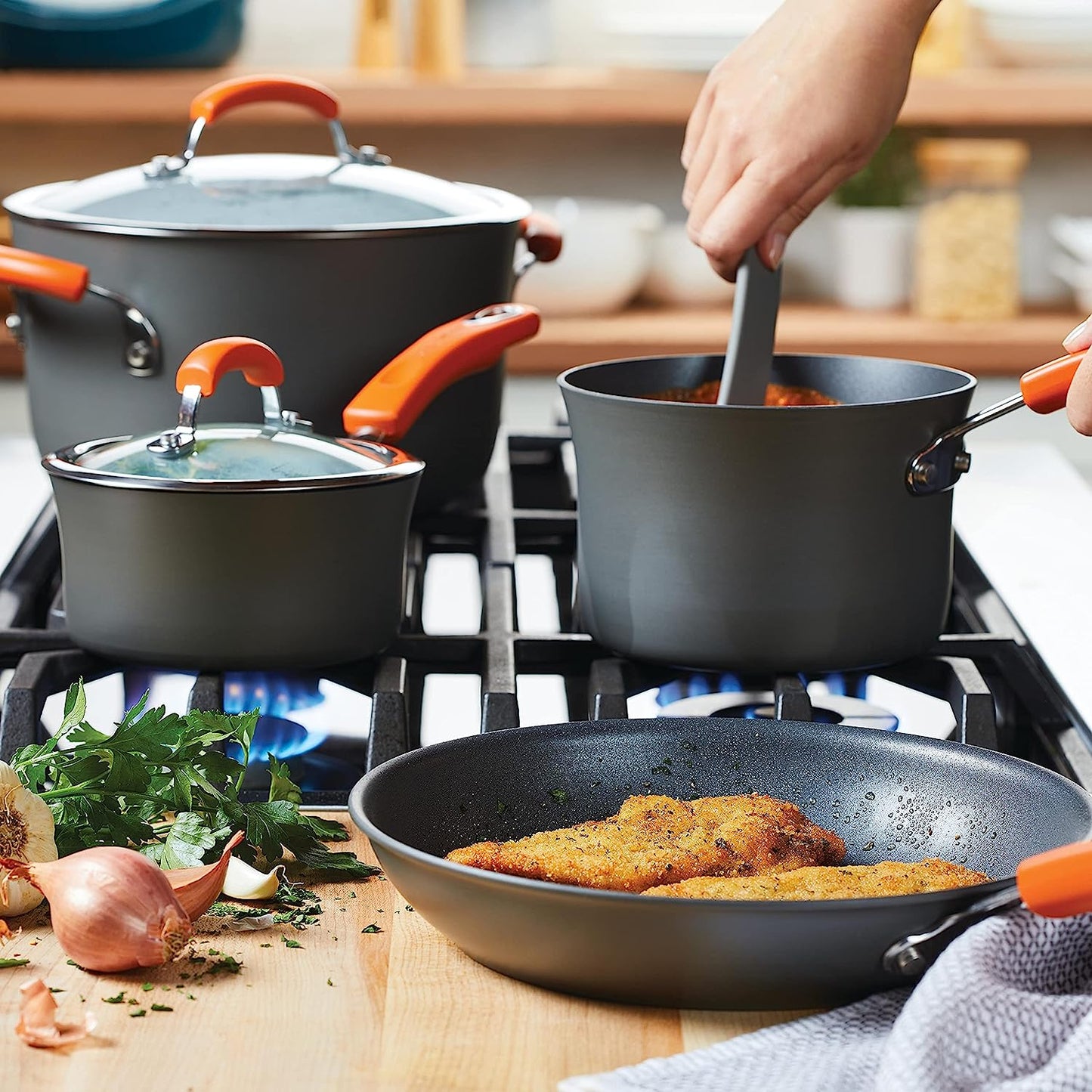 Rachael Ray Brights Hard-Anodized Aluminum Nonstick Cookware Set with Glass Lids, 10-Piece Pot and Pan Set, Gray with Orange Handles