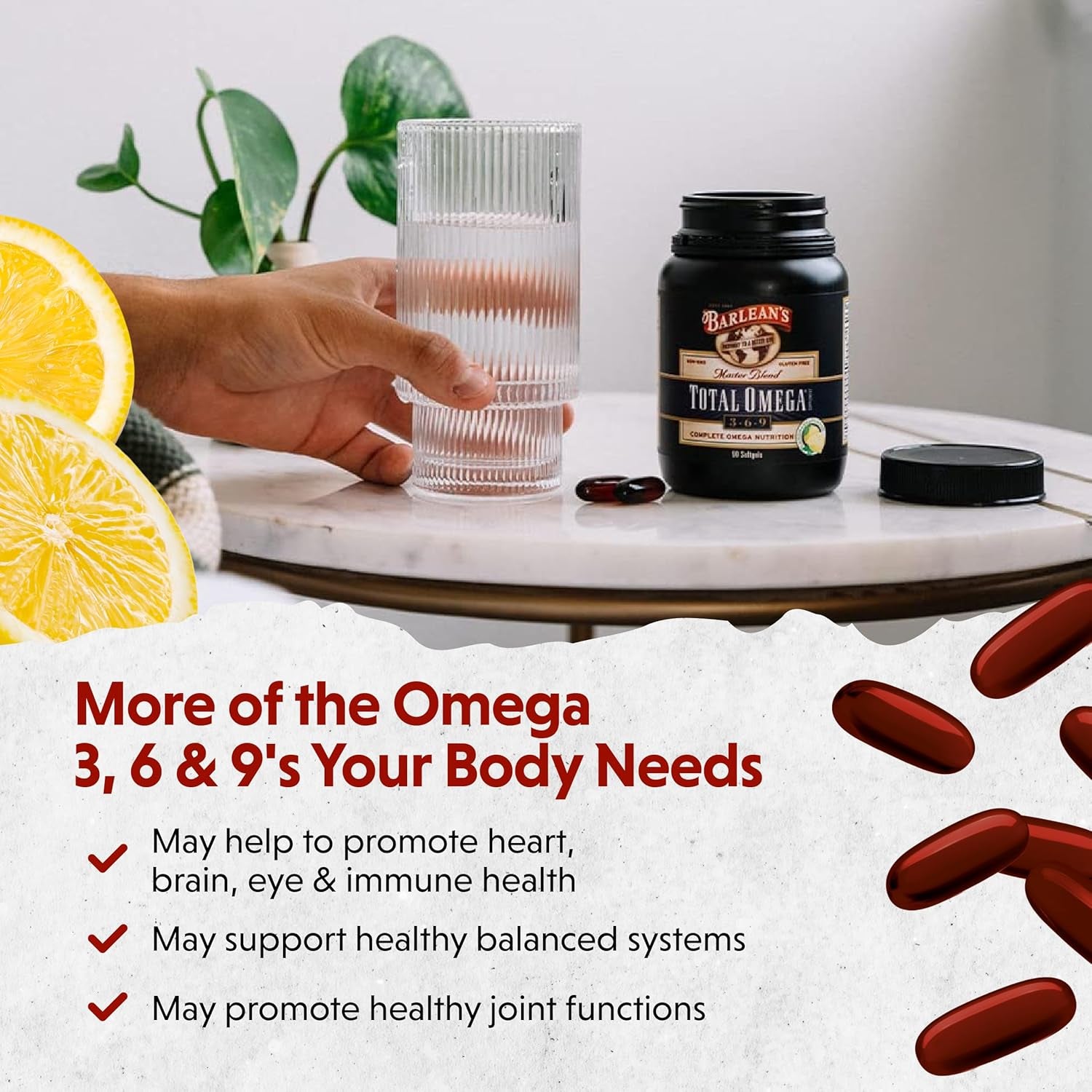 Barlean'S Total Omega 3 6 9 Softgels, Blended Fish Oil Supplement with Borage and Flaxseed Oil, 1,000 Mg Omegas ALA, EPA, DHA and GLA for Joint Support Supplements and Heart Health, 90 Count