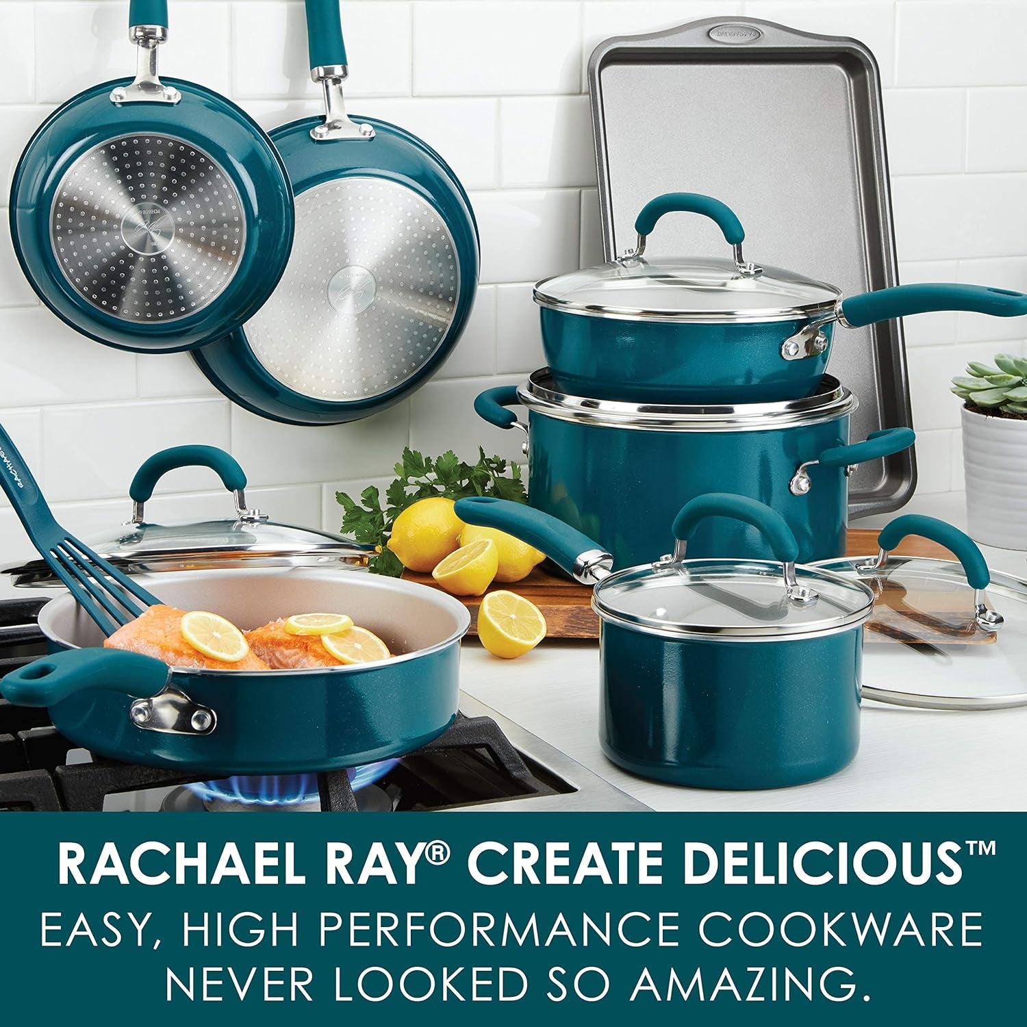 Rachael Ray Create Delicious Nonstick Cookware Pots and Pans Set, 13 Piece, Teal Shimmer