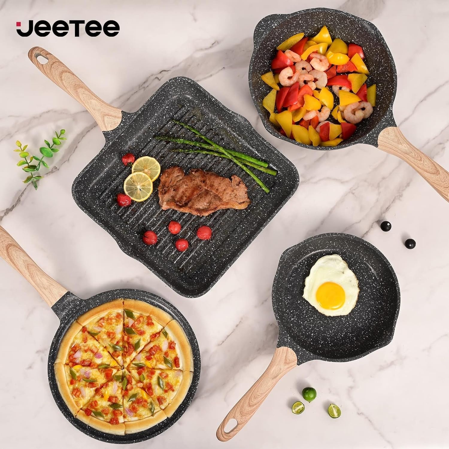 JEETEE Pots and Pans Set Nonstick 23Pcs, Healthy Kitchen Cookware Sets, Induction Cooking Set W/Gray Granite Stone Frying Pans, Saucepans, Sauté Pan, Griddle Pan & Crepe Pan (PFOA Free)