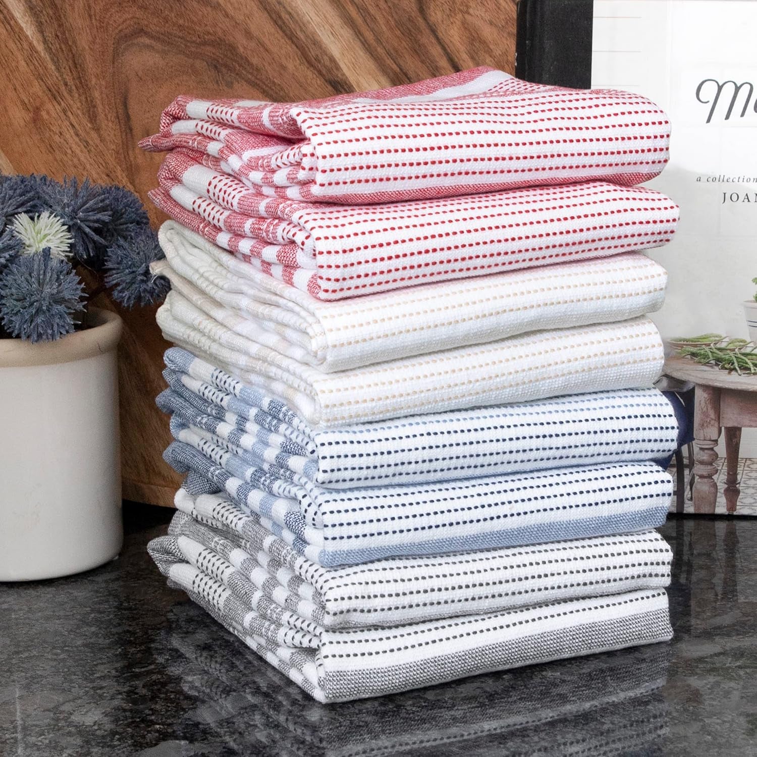 T-Fal Premium Dual-Sided Skipping Striped Kitchen Towels (2-Pack), 18" X 28", Highly Absorbent, Long-Lasting, Reversable 100% Flat-Weave Cotton Dish Towels, Hand Towels, Bar Towels, Toast