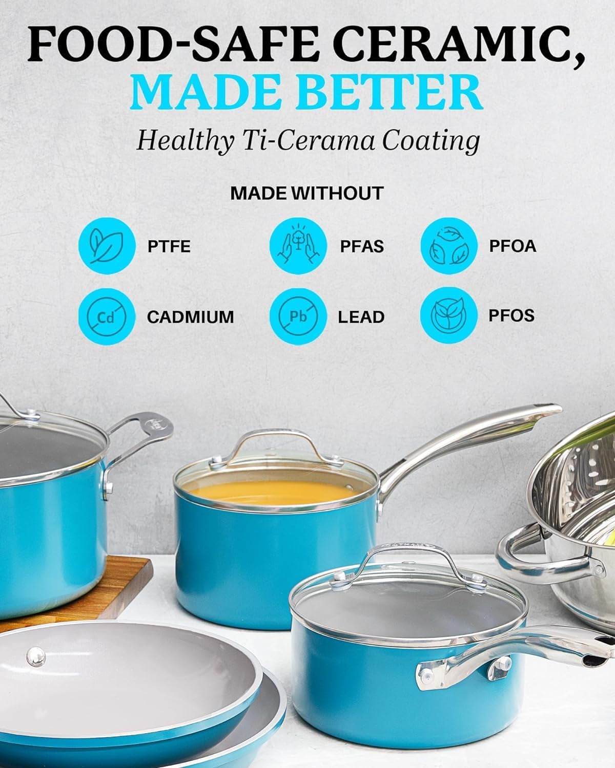 Gotham Steel Aqua Blue Pots and Pans Set, 12 Piece Nonstick Ceramic Cookware, Includes Frying Pans, Stockpots & Saucepans, Stay Cool Handles, Oven & Dishwasher Safe, 100% PFOA Free, Turquoise